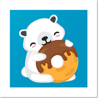 Kawaii Cute White Bear Eating Chocolate Donut Kids design Posters and Art